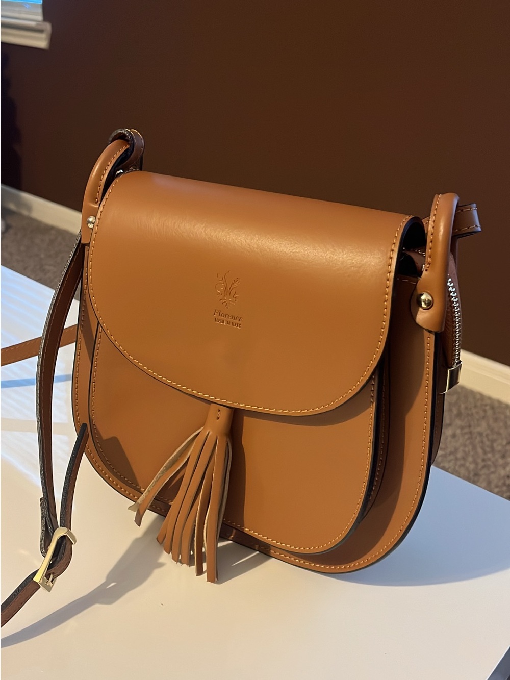 Pure Italian Leather Tan Tassel Crossbody Bag from Florence NEW
